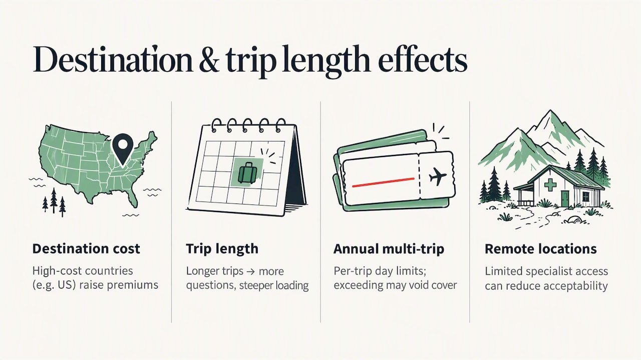 UK Travellers: How to Get Travel Insurance for Pre Existing Conditions 3 How destination and trip length affect your cover and acceptability — overview diagram