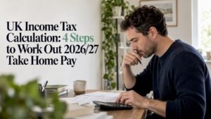 Person calculating UK income tax at a desk