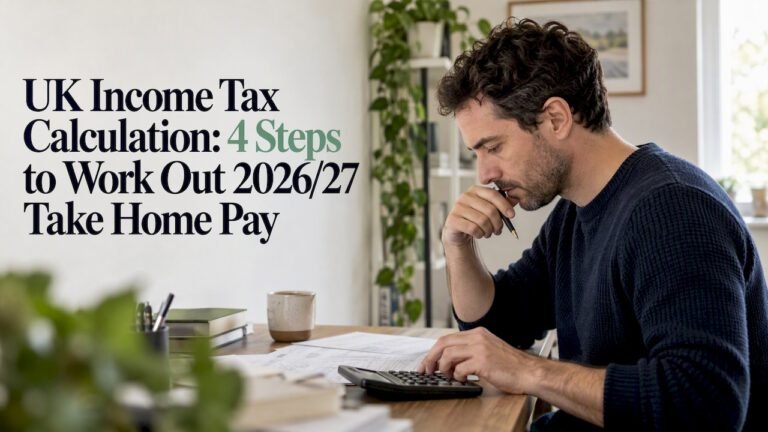 Person calculating UK income tax at a desk